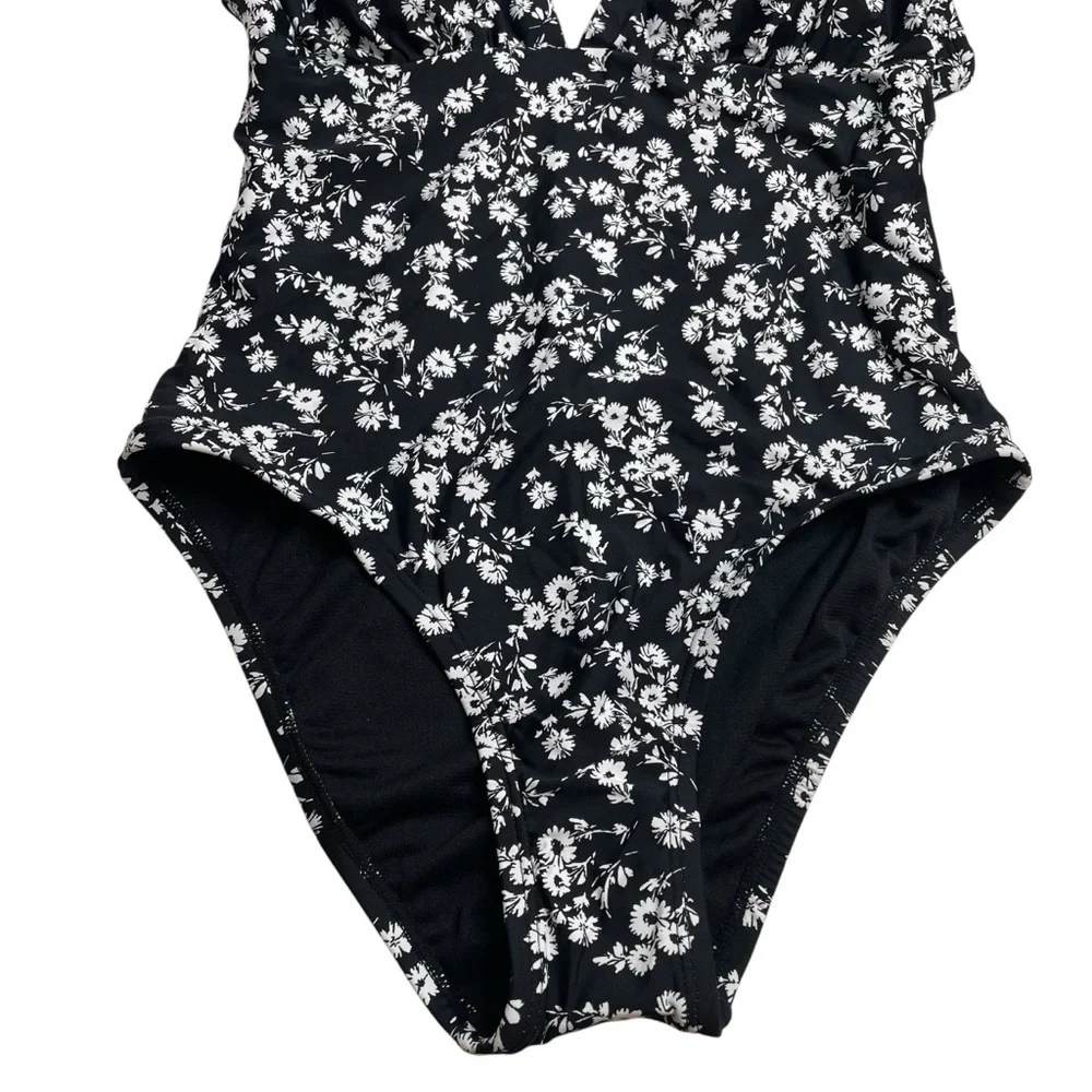 DKNY Ruffle Neck One-Piece Swimsuit Black White Floral Size 4 New - Picture 4 of 7